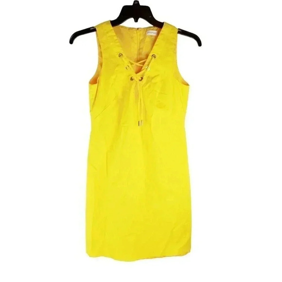 Calvin Klein Womens Dress Yellow Sleeveless V-Neck Shift Knee Length Lace Up 8 - Picture 3 of 7